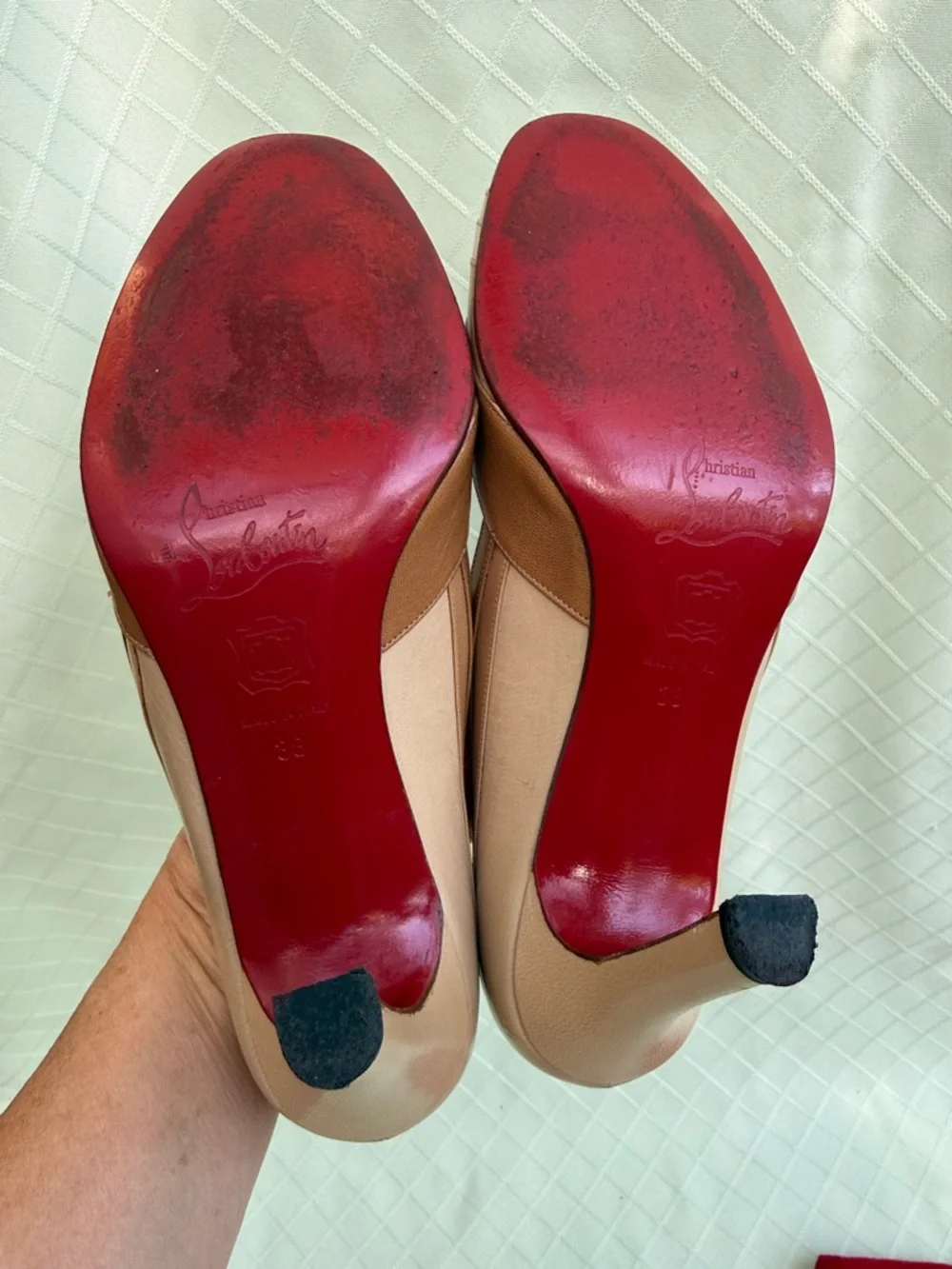 Vintage Christian Louboutin Two-Tone Tan and Cream Leather Pumps with Dust Bag